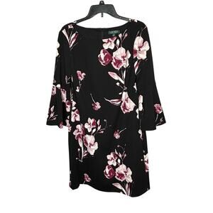 Lauren Ralph Lauren Floral Black Sheath Bell Sleeve Office Career Dress Size 12